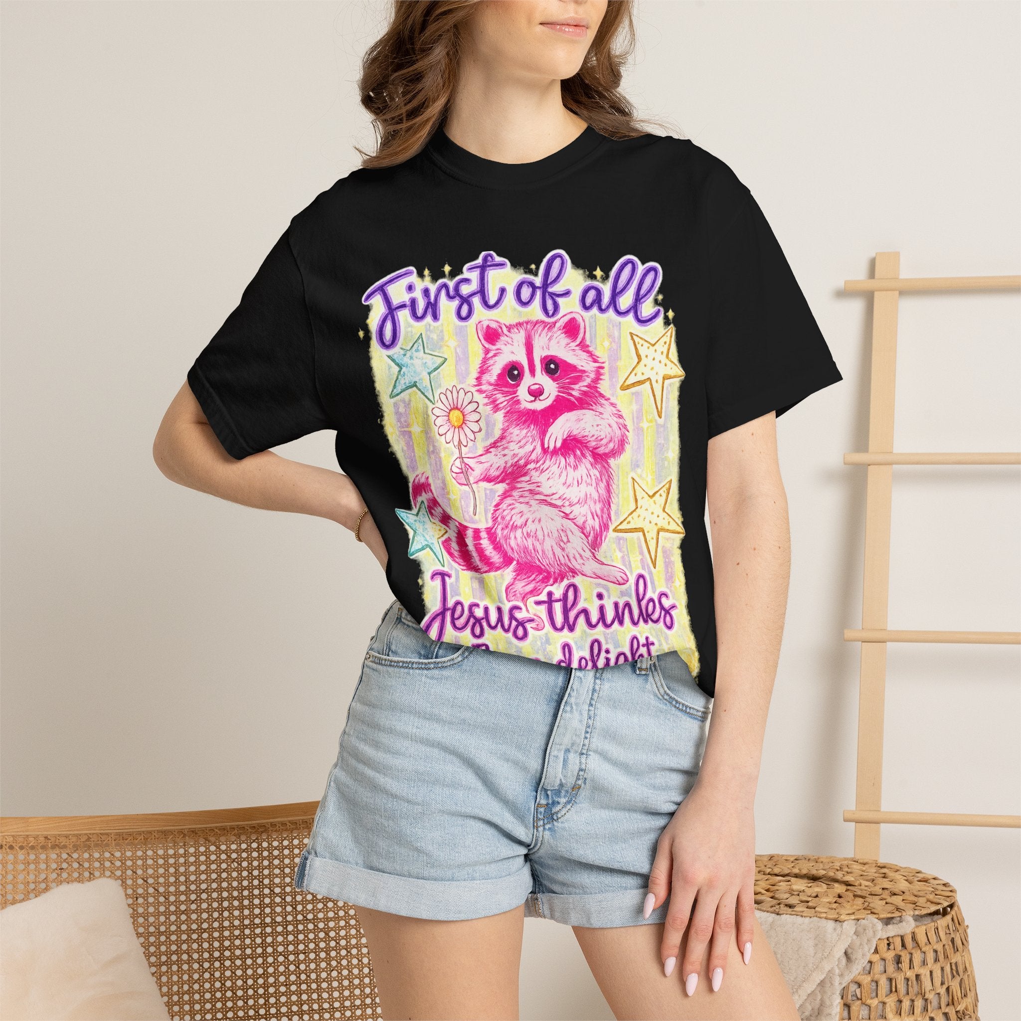 Christian Raccoon T-Shirt — "First of All, Jesus Thinks I’m a Delight"