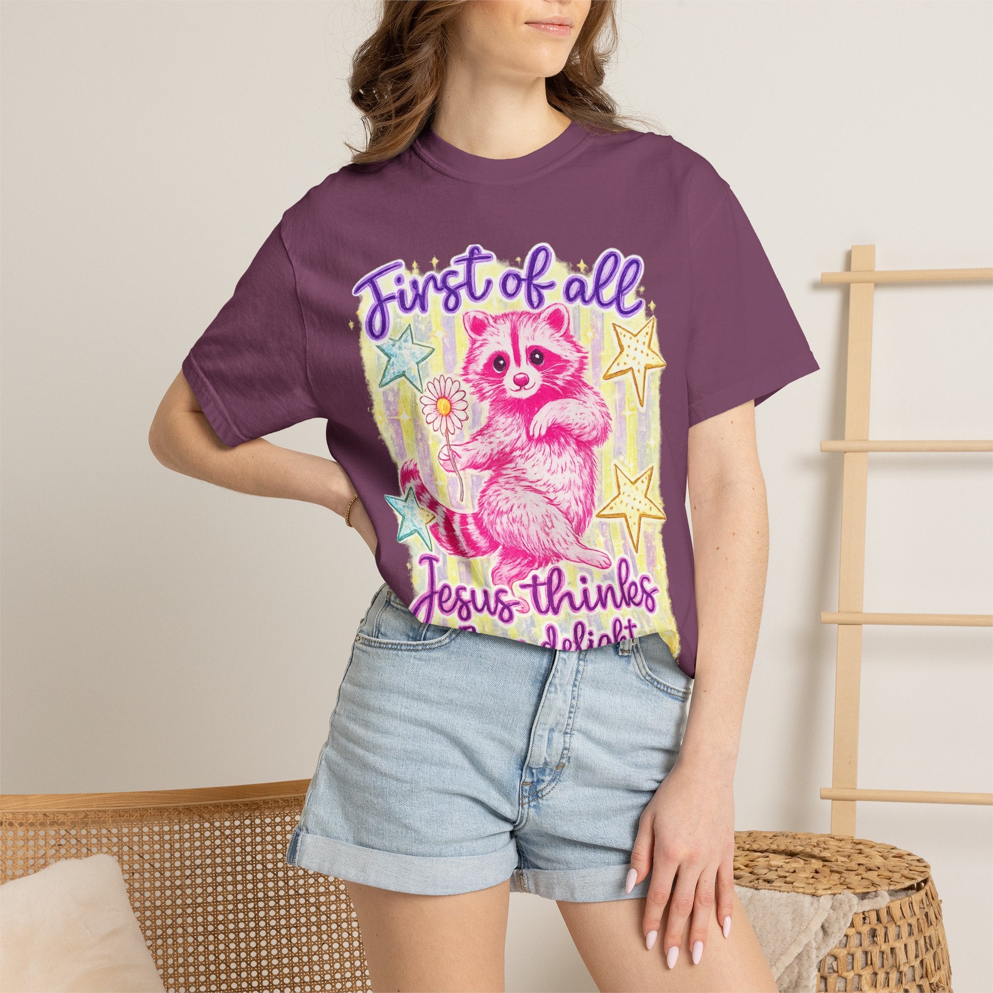 Christian Raccoon T-Shirt — "First of All, Jesus Thinks I’m a Delight"