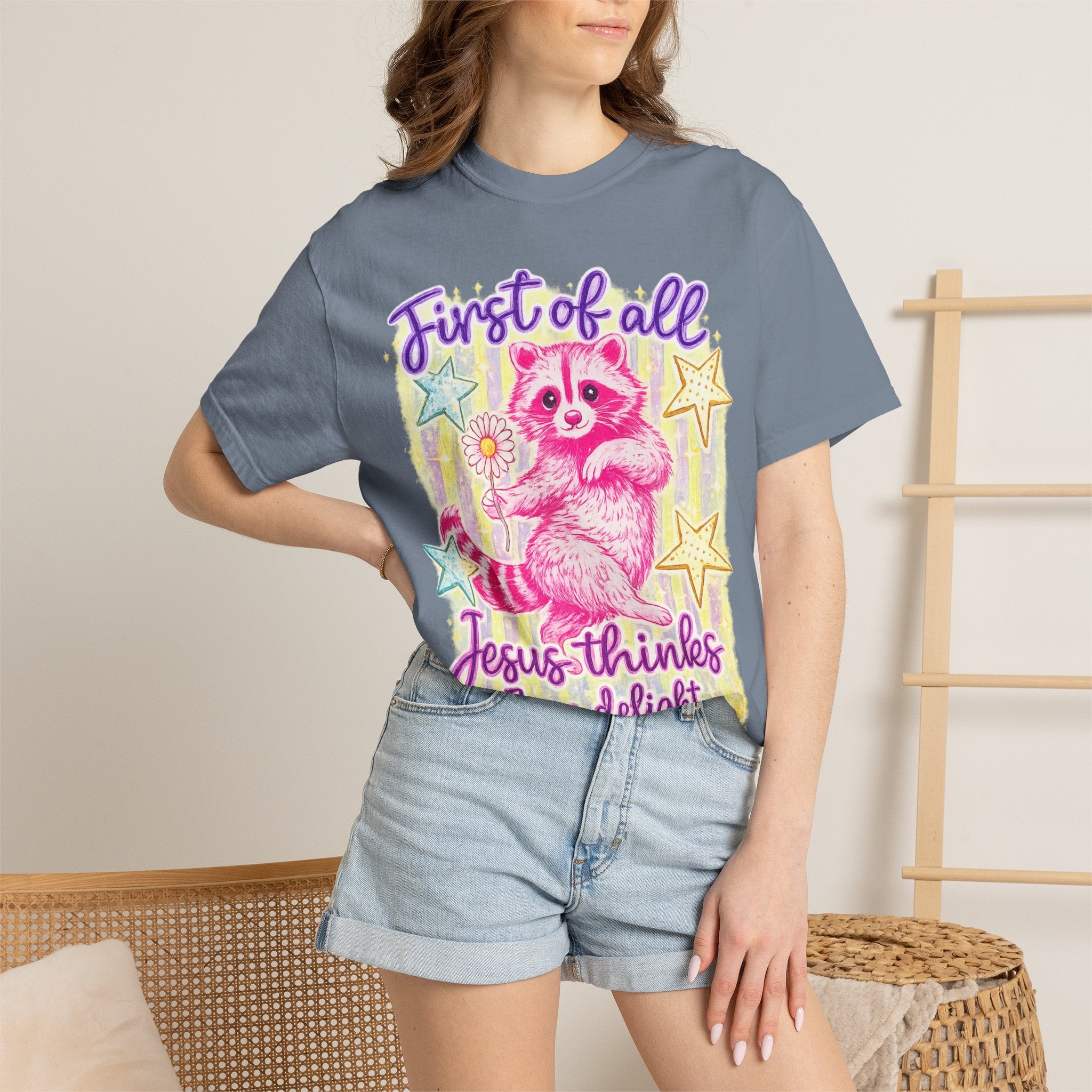 Christian Raccoon T-Shirt — "First of All, Jesus Thinks I’m a Delight"