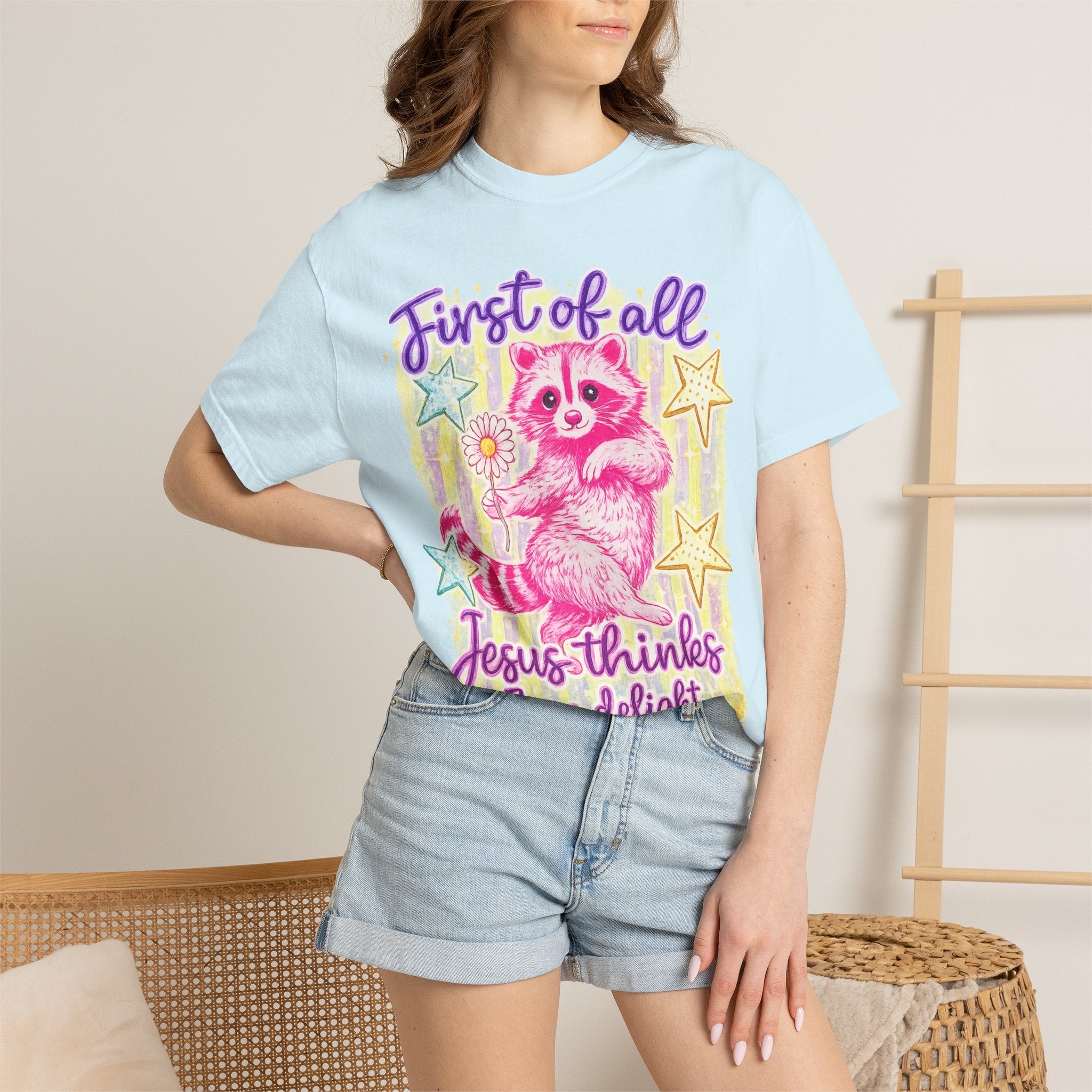 Christian Raccoon T-Shirt — "First of All, Jesus Thinks I’m a Delight"