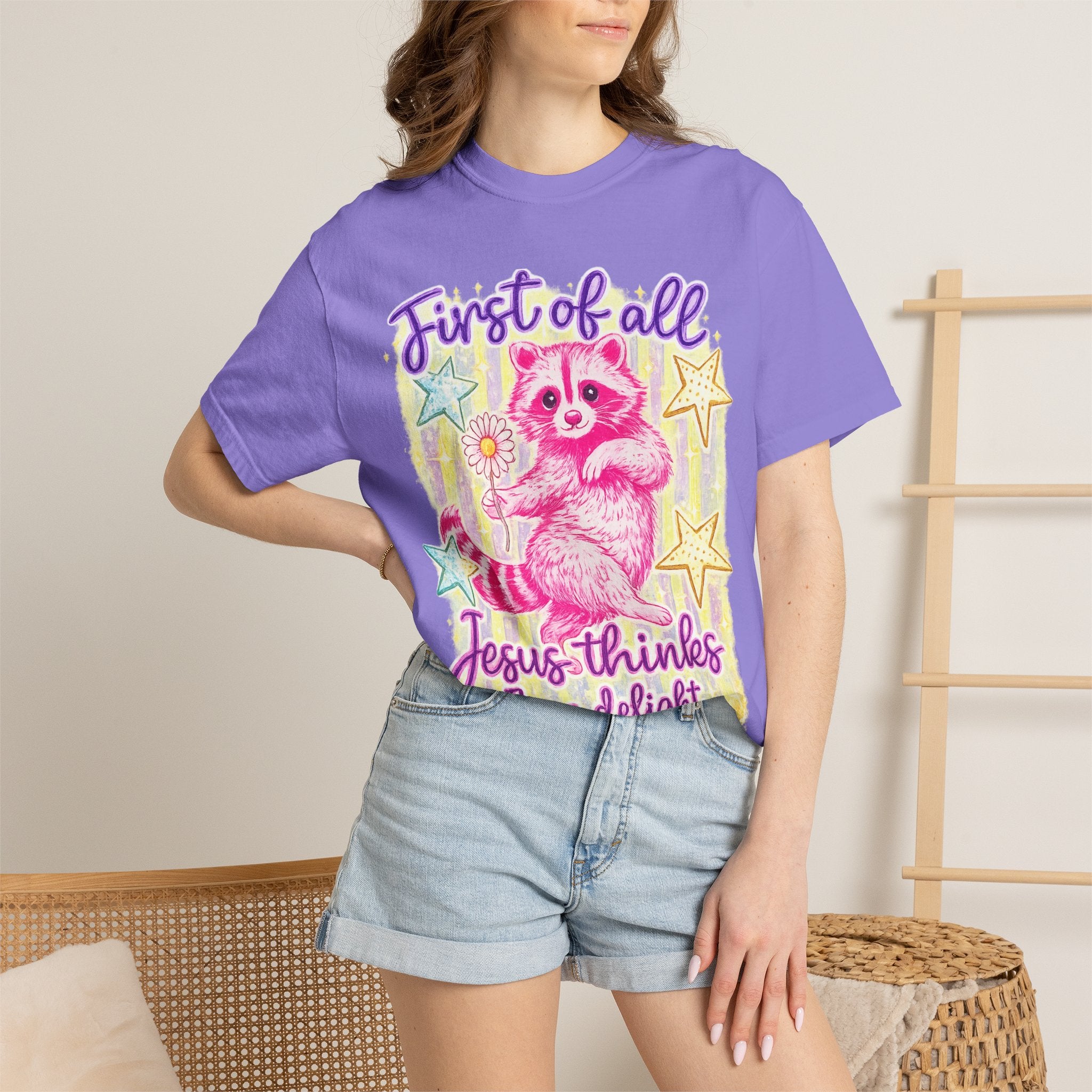 Christian Raccoon T-Shirt — "First of All, Jesus Thinks I’m a Delight"