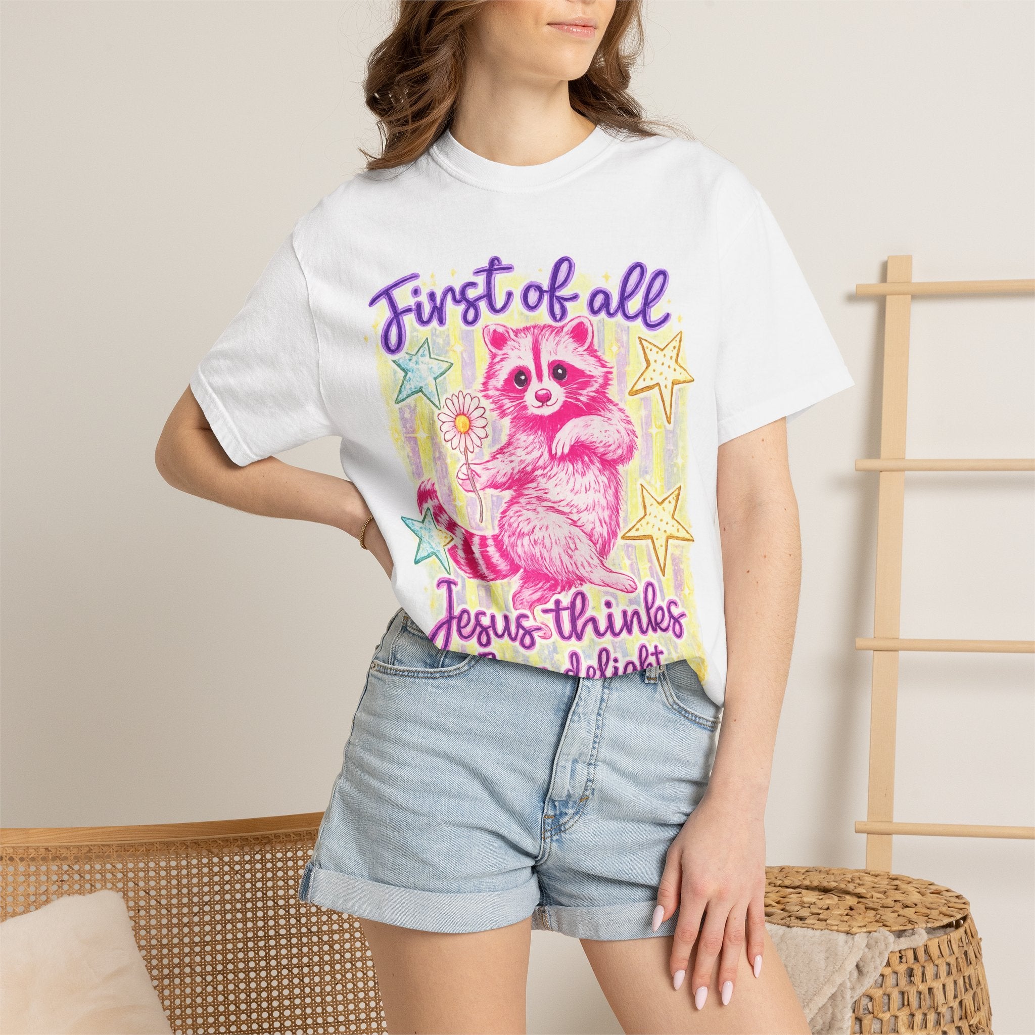 Christian Raccoon T-Shirt — "First of All, Jesus Thinks I’m a Delight"
