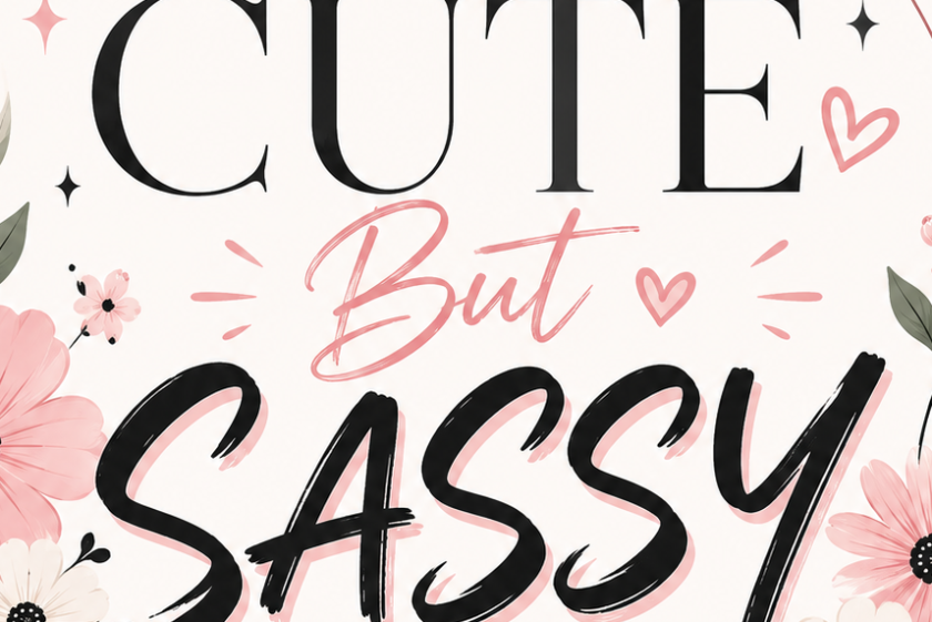 Logo with 'Cute But Sassy Co.' text surrounded by flowers and a bow on a white background